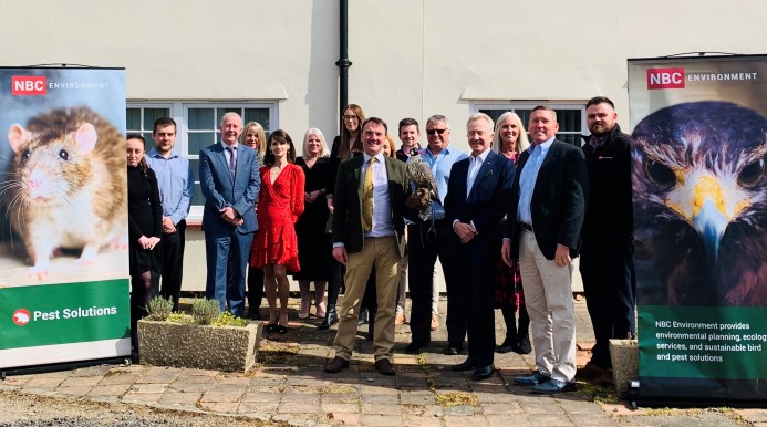 Holding one of his falcons and joined by NBC head office staff John Dickson centre greets on his left front row Caspar Appeldoorn Managing Director EMEA with Matt Turek Division President Orkin Int 1